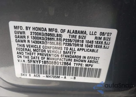 2008 Honda Pilot Ex-L z USA, uszkodzony, nr VIN 5FNYF18508B012864